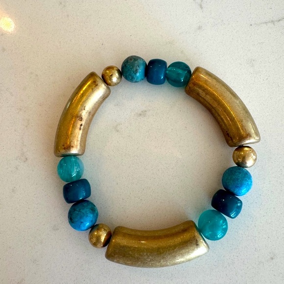 Chunky Gold and Torquoise stretch Beaded bracelet - Picture 1 of 3